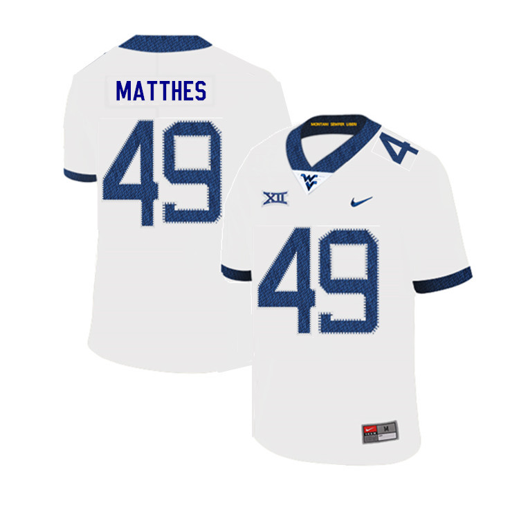2019 Men #49 Evan Matthes West Virginia Mountaineers College Football Jerseys Sale-White